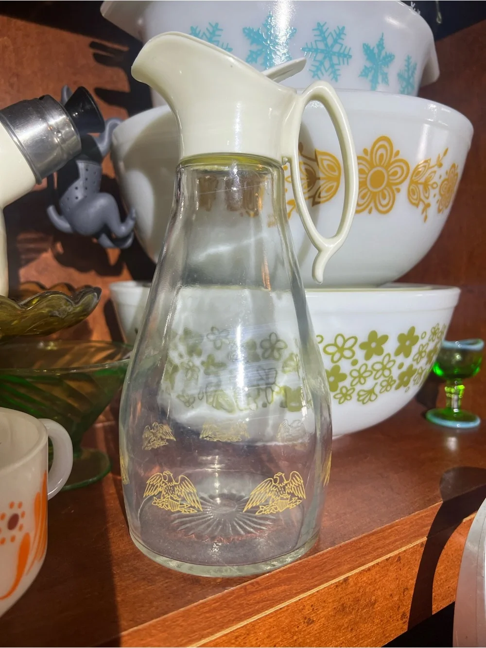 Vintage 1970’s Log Cabin Glass Maple Syrup Dispenser Pitcher with Gold Eagles